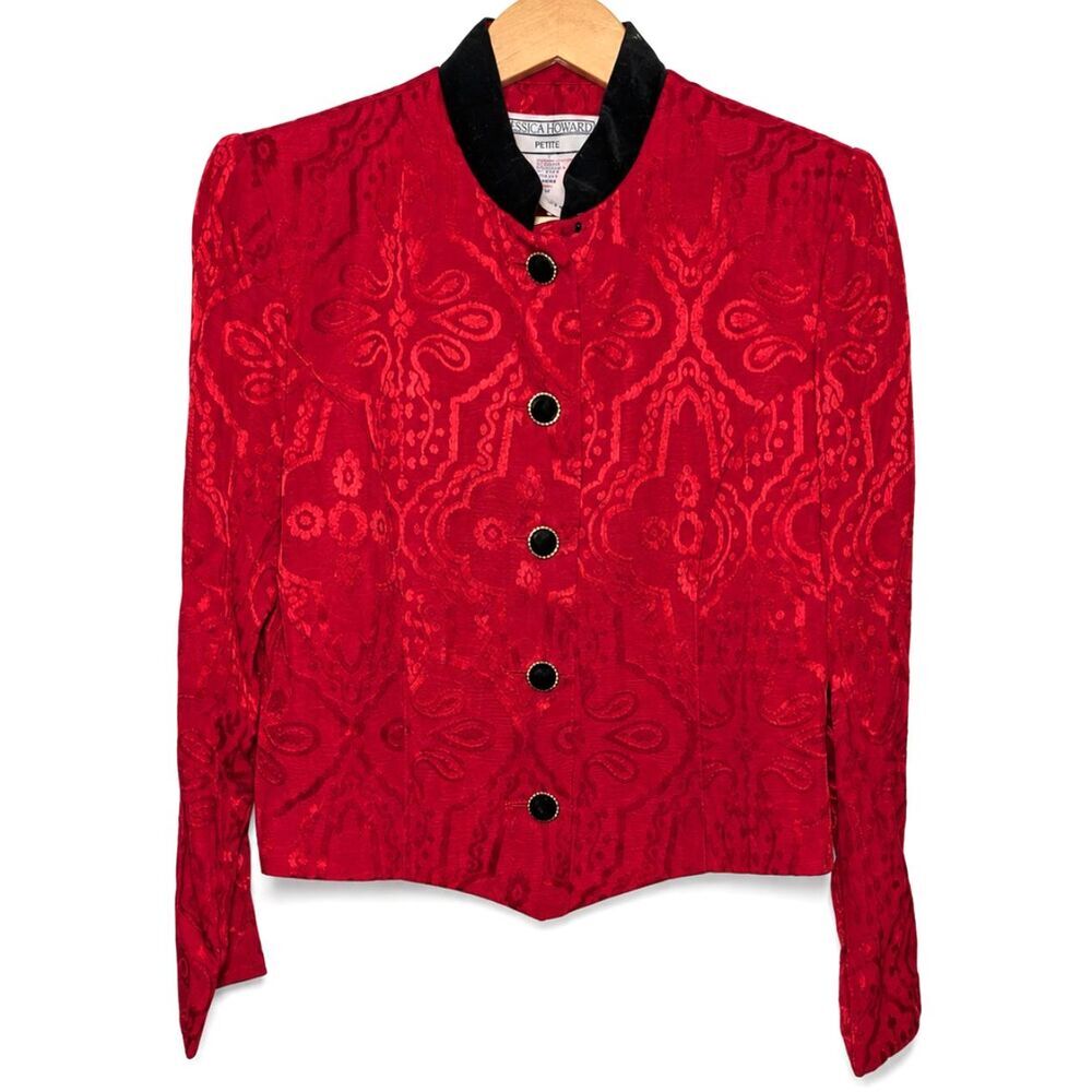 Vintage Jessica Howard Petite 8 Red Jacquard Velvet Collar Cropped Jacket
